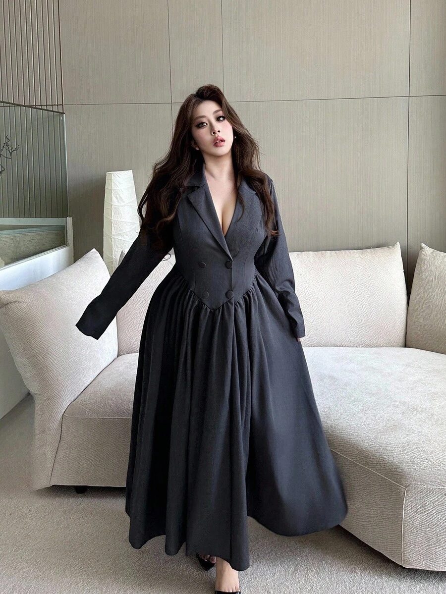 Flirla Plus Size Women Casual Cinched Waist Gray Long Sleeve Jacket