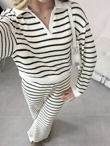 Sparklyn 少女条纹翻领落肩卫衣和裤子休闲套装