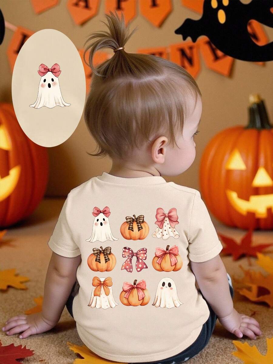 Trang phục Halloween cho bé gái thời trang thường ngày sáng tạo hình bí ngô, ma dễ thương, xin kẹo, sinh vật ma quái, mùa đáng sợ, áo phông tay ngắn cơ bản phong cách mùa thu - Màu be - Xem 1