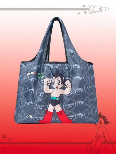 Astro Boy X ROMWE حقيبة يد كبيرة السعة قابلة للطي وقابلة للعكس مع محفظة صغيرة، مزينة برسوم كرتونية