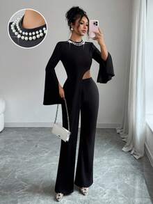 SHEIN Clasi 2pcs Women Black And White,Summer,Elegant,Party Night Mock Neck Flare Sleeve Asymmetrical Knit Sweater Top & Straight Leg Pants Set For Daily Outings - Black - View 1