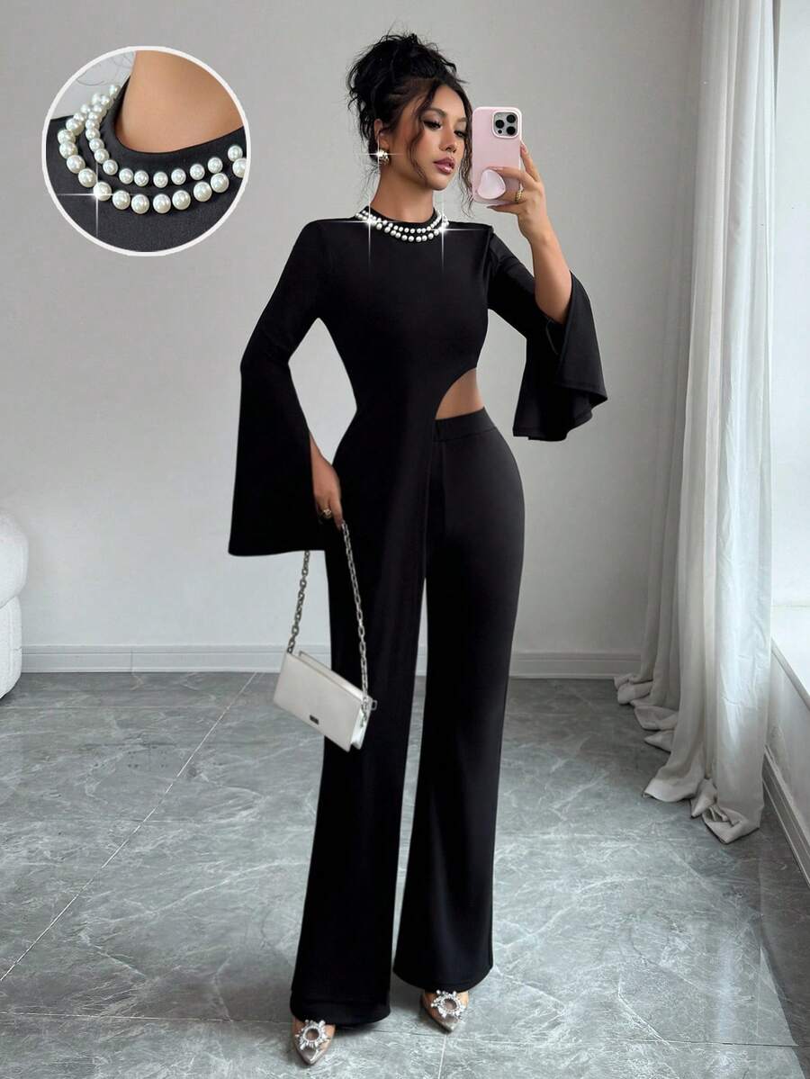 SHEIN Clasi 2pcs Women Black And White,Summer,Elegant,Party Night Mock Neck Flare Sleeve Asymmetrical Knit Sweater Top & Straight Leg Pants Set For Daily Outings - Black - View 1