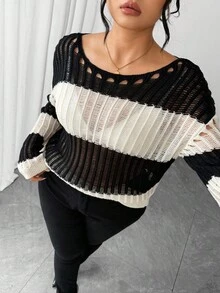 SHEIN Tall CURVE 大码女式撞色镂空透视休闲套头衫，百搭长袖，春夏季 - 黑與白 - 查看 7