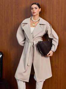 CLARA VERO Trench Coat With Wide Lapel Collar, Long Sleeves With Elastic Cuffs, Waist Tie Belt, Knee-Length, Classic And Stylish Design - Beige - View 4