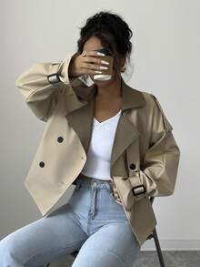 Selianne Women's Elegant Casual Commuter Khaki Patchwork Olive Green Lapel Double-Breasted Pocket Design Sleeve Decorative Short Loose Casual Jacket Windbreaker Fall Winter Cloth For Women - Khaki - View 3