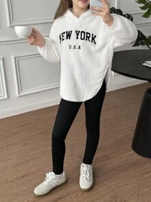 SHEIN 青少年女孩休闲泰迪羊毛字母刺绣连帽衫运动衫和紧身打底裤套装，拉绒打底裤，百搭/宽松版型/返校/运动休闲/学院风/复古美式/连帽衫 - 白色 - 查看 6