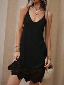 Wildy Váy ngắn màu mơ kiểu BOHO mùa hè, phong cách đồng quê Mỹ, áo hai dây ren phối màu, váy slip đen, váy viền ren đen, váy hai dây đen, váy hè đen, váy maxi đen, trang phục thường ngày cho nữ. - màu đen - Xem 1