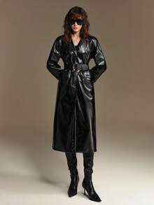 Ontre 2025现代都市风格长款皮衣直筒宽松版型商务休闲通勤日常穿搭秋季 - 黑色 - 查看 6