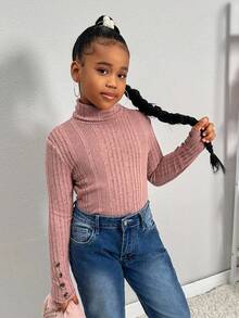 SHEIN SLAYR Tween Girl Tween Girls Brand Promotion - High Neck Ribbed Long Sleeve Knit Top With Buttons 3 Pice Fall Winter - Light Grey - View 2