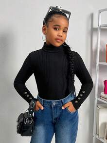 SHEIN SLAYR Tween Girl Tween Girls Brand Promotion - High Neck Ribbed Long Sleeve Knit Top With Buttons 3 Pice Fall Winter - Light Grey - View 8