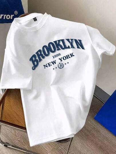 Claim Dot 时尚休闲年轻布鲁克林纽约字母撞色印花修身圆领短袖T恤，男士款，适合约会、聚会、日常穿着，情侣装和家庭装皆宜，送给男友的绝佳礼物。纽约T恤，布鲁克林衬衫