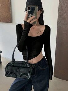 DAZY 休闲百搭纯色修身长袖女式T恤