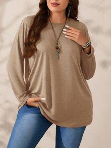 EMERY ROSE Áo thun cổ tròn tay dài dáng rộng, mềm mại, dễ thương, quần áo mùa thu, cỡ lớn - Màu be - Xem 1