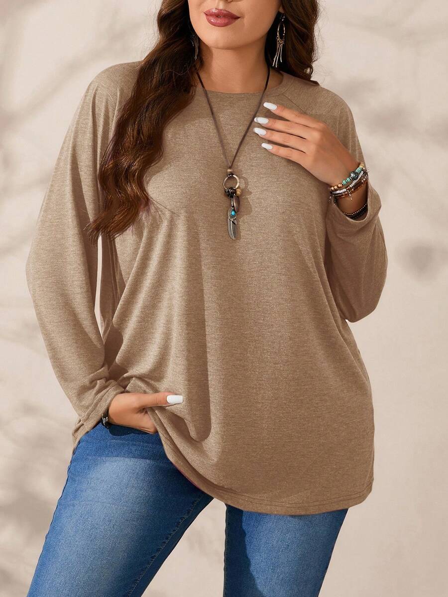 EMERY ROSE Áo thun cổ tròn tay dài dáng rộng, mềm mại, dễ thương, quần áo mùa thu, cỡ lớn - Màu be - Xem 1