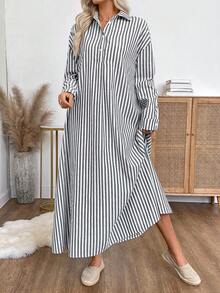 EMERY ROSE 女式条纹落肩长袖纽扣半襟休闲宽松衬衫裙 - 黑與白 - 查看 6