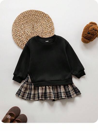 SHEIN 女婴可爱拼色长袖连衣裙，秋冬