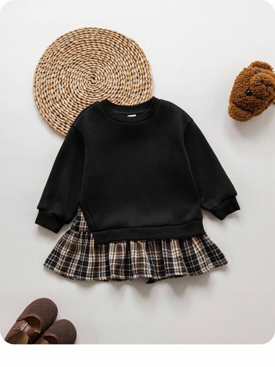 SHEIN 女婴可爱拼色长袖连衣裙,秋冬 - 彩色 - 查看 1
