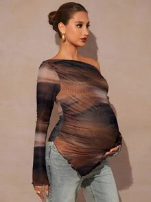 MaterniChic 孕妇斜肩长袖荷叶边下摆T恤