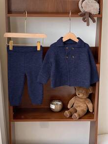 SHEIN 2pcs Baby Boy/Girl Solid Color Collared Long Sleeve Sweater And Pants Set, Suitable For Autumn/Winter Autumn And Winter Two Piece Suit Dark Blue Baby Boy Outfit Baby Boy Knitted Set Knit Two Piece Toddler Fall
