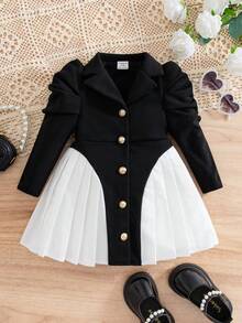 SHEIN Babygirl Infant Newborn Girl Fashion Design Cute Baby Girl Color Matching Leg Of Mutton Sleeve Single-Breasted Pleated Hem Fashion Dress, Leg Of Mutton Sleeve Black Dress, Fashionable Dress, Soft Fabric Cares For Baby's Skin, Is The First Choice For Mothers Shopping, Fashionable Design Cutting-Edge Fashion Design Can Be Worn Indoors And Outdoors, Simple Style, Suitable For Indoors, Outdoors, Daily, Sports, Play, Parties, Photo Shoots, Vacations, Festivals - Multicolor - View 8