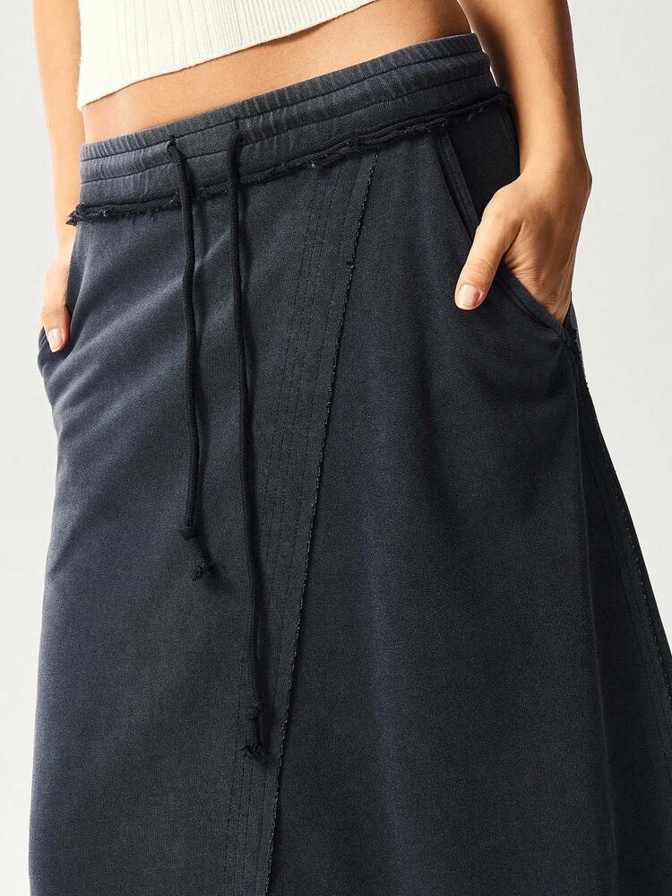 Bohemela Saia Justa de Malha de Cor Sólida Casual para Mulheres - Preto - Visão 2