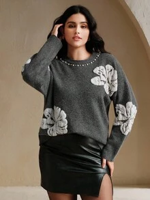 Anewsta 女士秋冬宽松花卉装饰珍珠铆钉大码毛衣，优雅正式服装，适合外出、派对、时尚、新年、圣诞节、工作、毕业、婚礼 - 灰色 - 查看 2