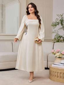 Modelyn Elegant Square Neck Waist Cinched Long Sleeve Plus Size Dress For Women - Apricot - View 8