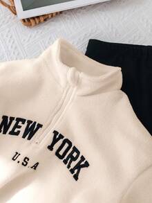 Baby Girl Cute Letter Pattern Stand Collar Fleece Sweatshirt And Elastic Waist Pants Set, Autumn & Winter