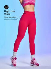 Easithlete 女士纯色高腰休闲健身紧身裤 - 玫紅色 - 查看 4