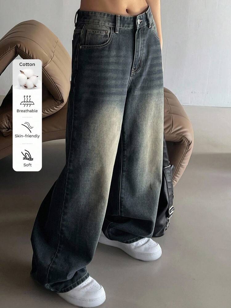 Women's Loose Fit Wide Leg Jeans With Distressed Detail,Baggy Jeans