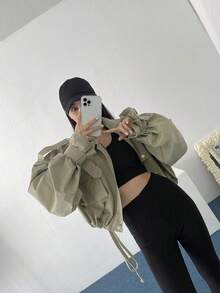 DAZY 翻盖口袋落肩抽绳下摆夹克，秋装