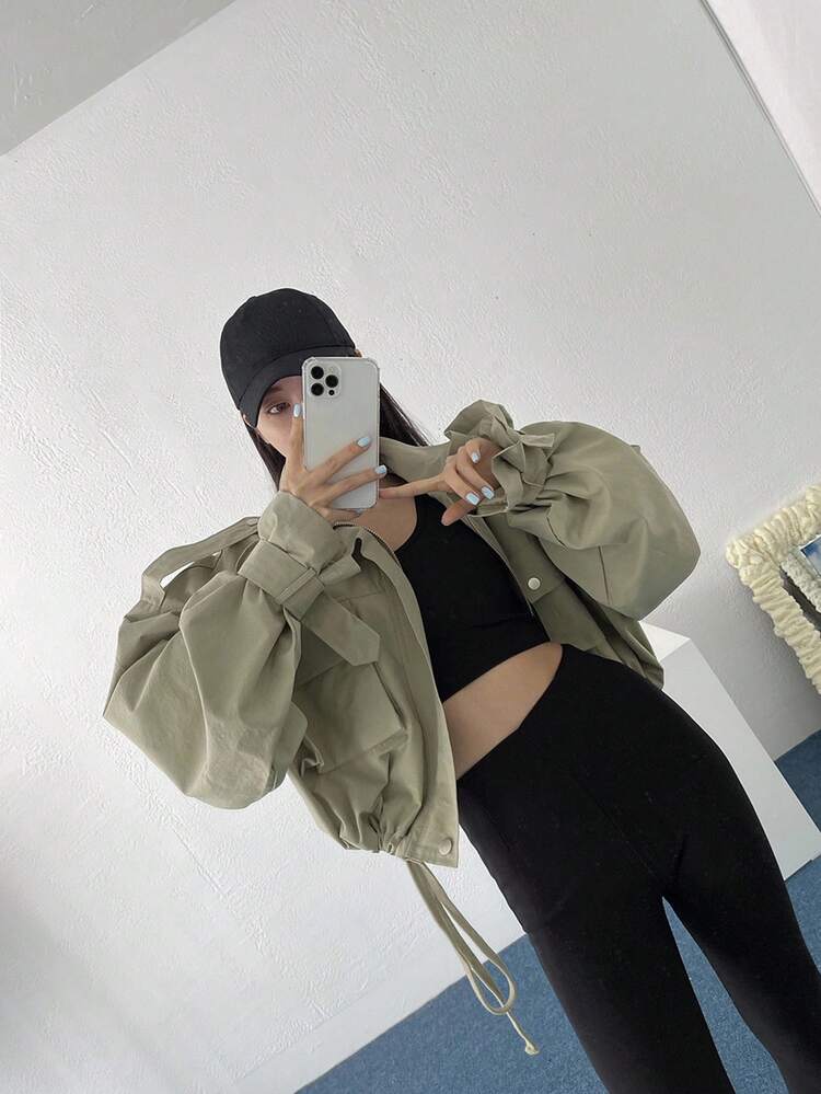 Flap Pocket Drop Shoulder Drawstring Hem Jacket,Fall Clothes