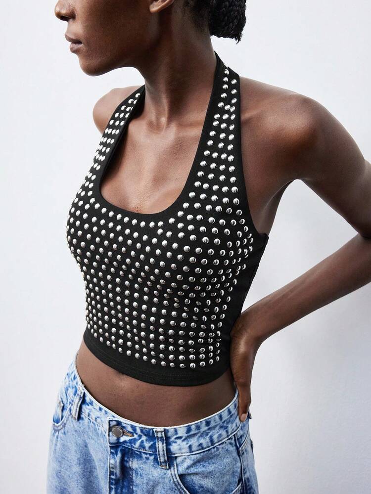 SHEIN Maija 2025 리벳 홀터넥 민소매 패션 스터드 탑 블링 탑 라인스톤 탑, 물방울 무늬, 블랙 탑, 파티, 할로윈 의상, 크리스마스 악몽, 할로윈 의상, 여성용 가을, 스팽글 탑, 블랙 탑, 여성용 해변