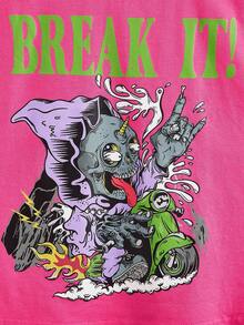 SHEIN EZwear 骷髏頭和字母圖案短款背心 - 玫紅色 - 查看 4