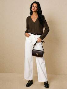 Poéselle Áo len cardigan tay dài đơn giản, màu trơn, đa năng, tối giản, thời trang thu đông cho nữ - màu nâu - Xem 5
