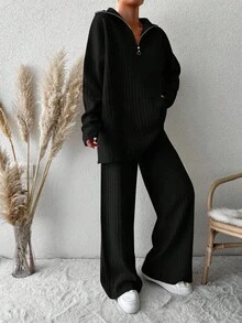 EURMUSE Drop Shoulder Zipper Half Placket Knit Sweater And Knitted Pants Two Piece Set - Black - View 5