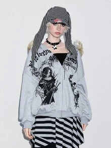 ROMWE Áo nỉ lông cừu in hình đầu lâu chữ đen Halloween kiểu cũ - Xám - Xem 9