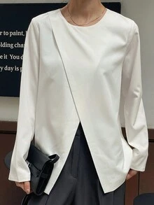 DAZY Women's Solid Color Round Neck Long Sleeve Simple Casual Shirt Fall - White - View 1