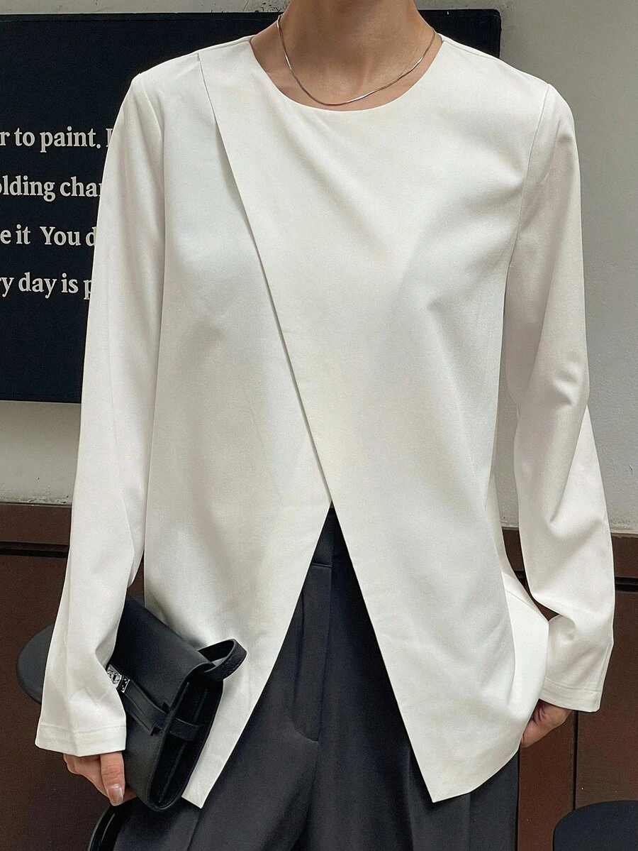 DAZY Women's Solid Color Round Neck Long Sleeve Simple Casual Shirt Fall - White - View 1