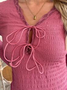 SHEIN Maternity Solid Lace Trim V-Neck Tie Front Long Sleeve Dress, Textured Fabric, Spring/Autumn - Watermelon Pink - View 4