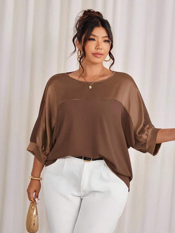 Cravure Plus Size Round Neck 3/4 Sleeve Metallic Fabric Patchwork Contrast Color Woven Fabric Cuff Raglan Sleeve Casual Outgoing Holiday Commute Party Pullover Shirt