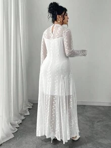 Modelyn Vestido elegante y romántico de manga larga, de punto con malla transparente y fluida, de talla grande, color negro - Blanco - Ver 2