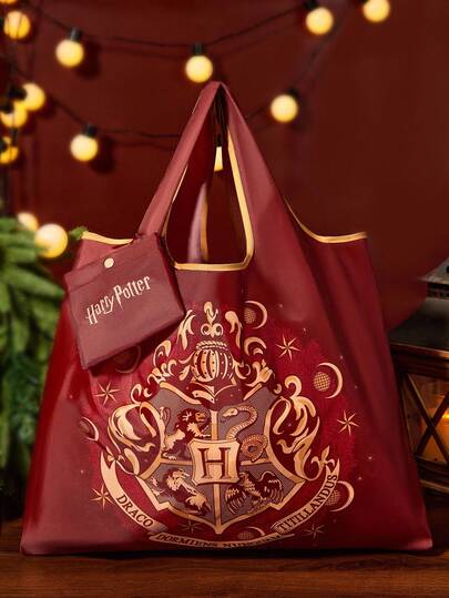 HARRY POTTER X SHEIN 1 pieza Bolsa de compras plegable de poliéster con estampado de insignia, bolsa de playa, bolso de mano con bolsillo desmontable en cadena, ideas de regalo, Día de San Valentín, vuelta al colegio