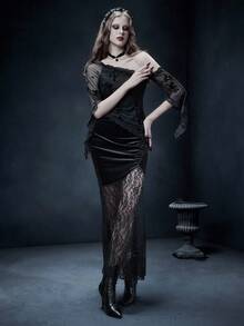 万圣节暗黑哥特浪漫风天鹅绒拼布蕾丝鱼尾裙 - 黑色 - 查看 6