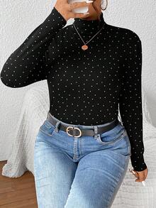 SHEIN Frenchy 大码女式休闲简约全宽白色波尔卡圆点印花图案高领长袖 T 恤女式黑色 T 恤长袖上衣女式长袖上衣波尔卡圆点上衣 - 彩色 - 查看 7