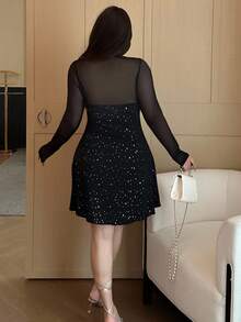 Vibekara Plus Size Women's Autumn/Winter Spicy & Sexy Bodycon Mesh Patchwork Sequin Mini Dress Sheer Dress Polka Dots Sparkly Black Dress Black Bow Dress Goth Polka Dot Black Glitter Dress Elegant Dress - Black - View 2
