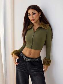 SHEIN PETITE Women's Autumn Patchwork Faux Shearling Collar Zip Front Cropped Slim Fit Lightweight Jacket Winter Tops Women Crop Top Jacket Fur Trim Top Women Crop Jacket Ribbed Crop Top - Army Green - View 4
