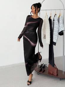 SHEIN 少女优雅弹力渐变色印花网眼褶饰长裙 - 彩色 - 查看 4