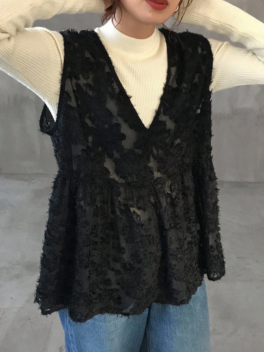 FRIFUL Chaleco sin mangas de ajuste holgado con textura y cuello en V para mujer, otoño