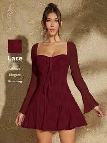 SHEIN BAE Váy ren viền bèo nhún cho nữ - Màu Đỏ Sâu - Xem 9